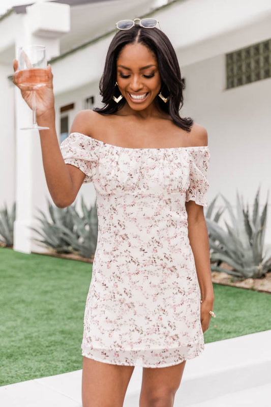 Wild Flower Love Floral Ruched Ivory Dress