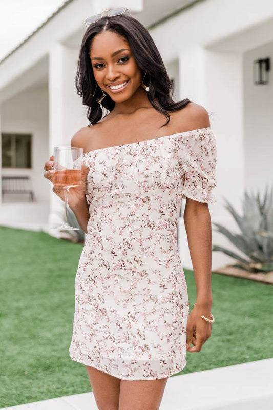 Wild Flower Love Floral Ruched Ivory Dress