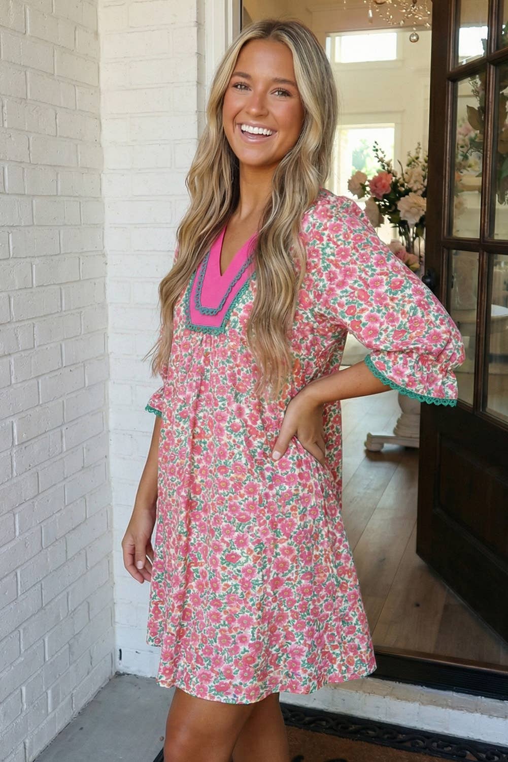 Floral Print Patchwork Bubble Sleeve Mini Dress