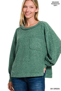 Brushed Hacci Hi Low Round Neck Sweater Zenana- Dark Green