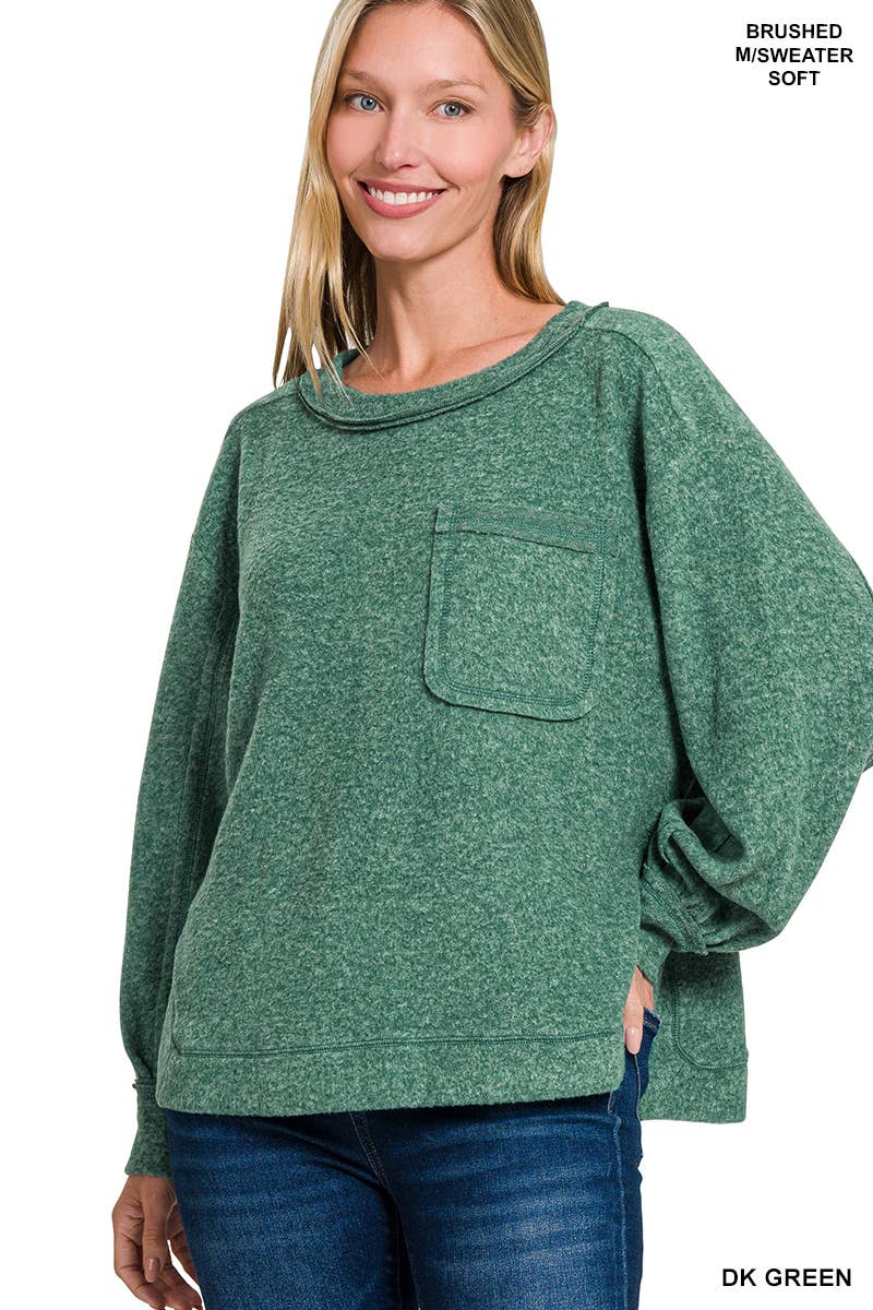 Brushed Hacci Hi Low Round Neck Sweater Zenana- Dark Green