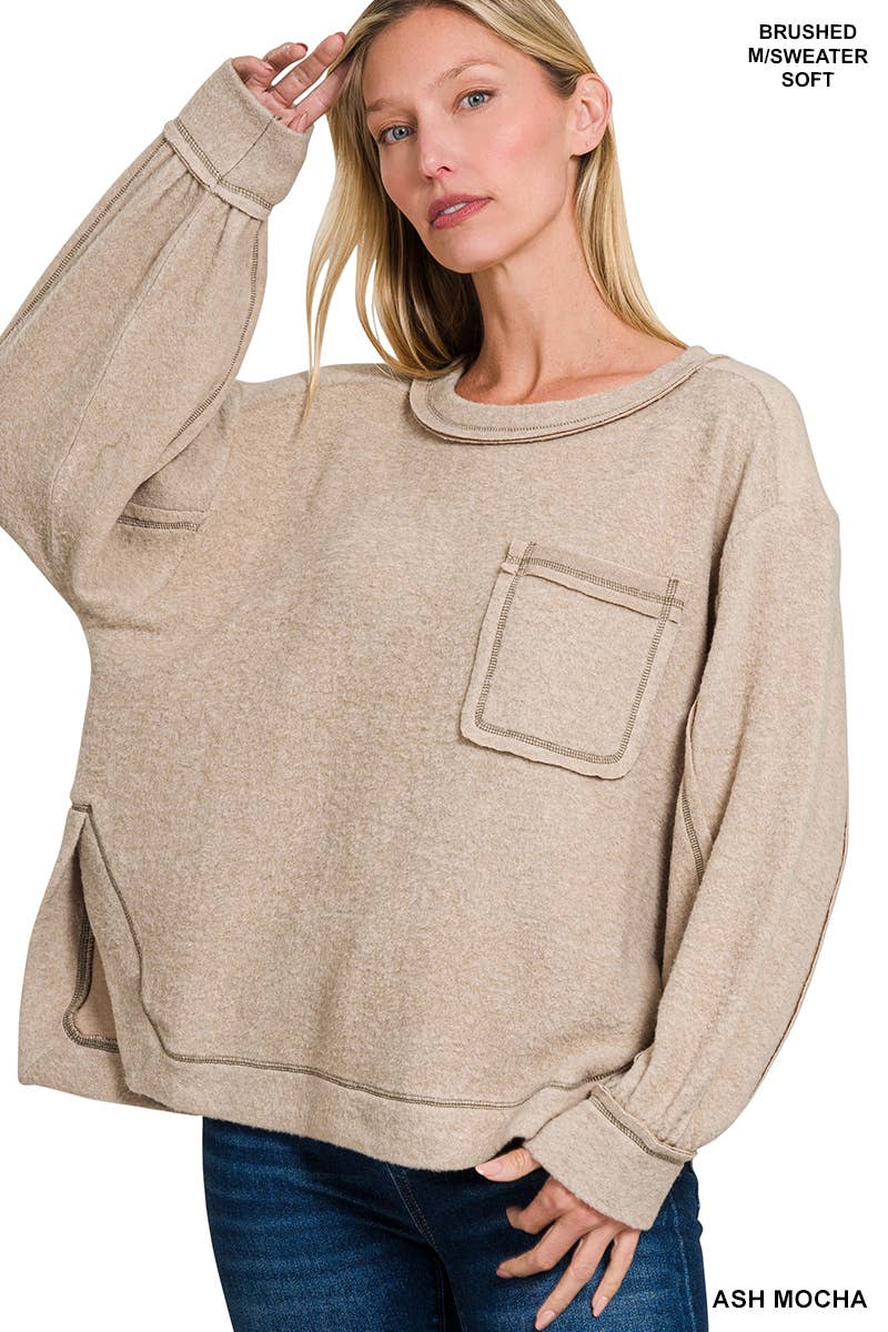 Brushed Hacci Hi Low Round Neck Sweater Zenana-Tan