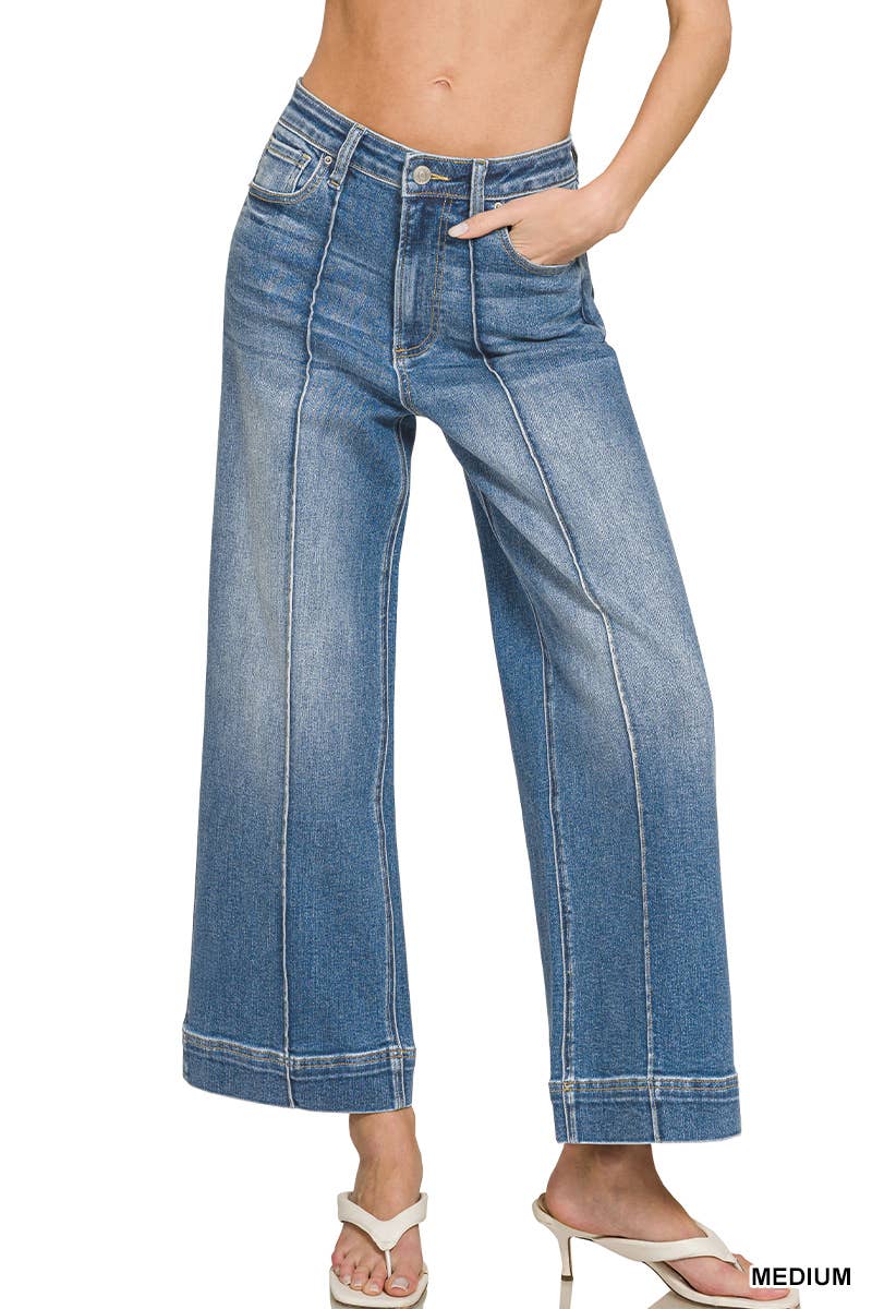 High Rise Wide Leg Pintuck Denim Pants Zenana