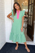 Green/Pink Gingham Tiered Dress