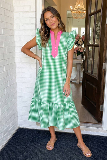 Green/Pink Gingham Tiered Dress