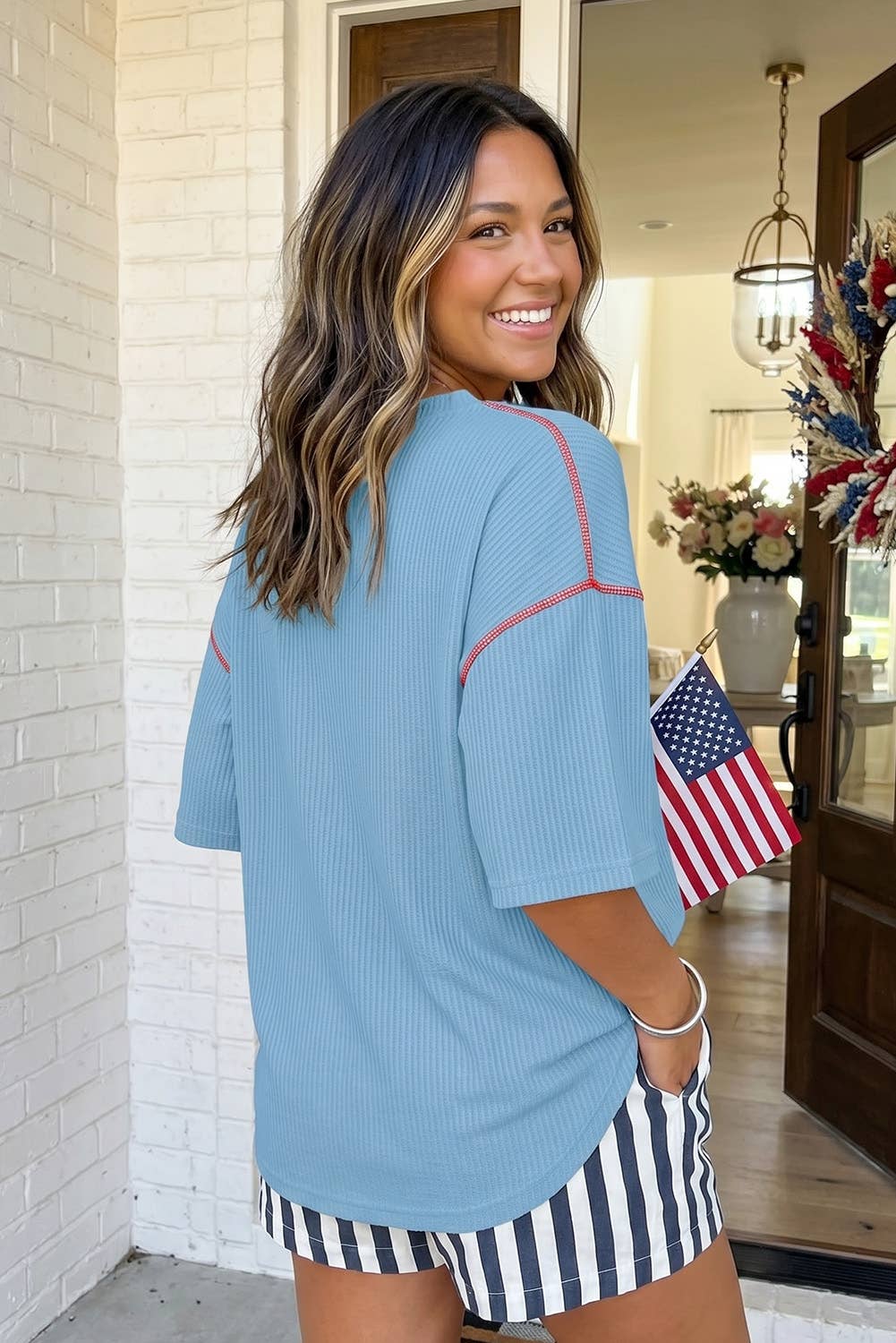 LAS USA Graphic Half Sleeve Loose Ribbed Top (S-XL)