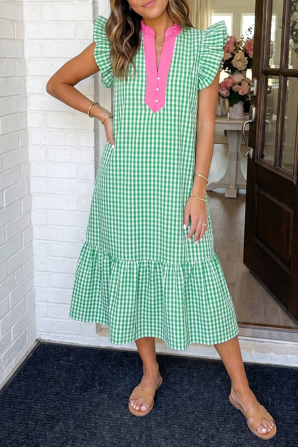 Green/Pink Gingham Tiered Dress