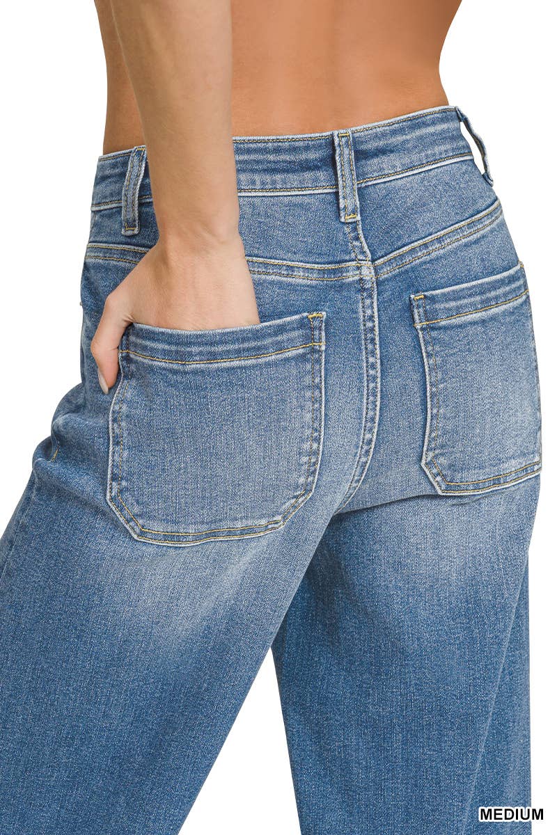 High Rise Wide Leg Pintuck Denim Pants Zenana