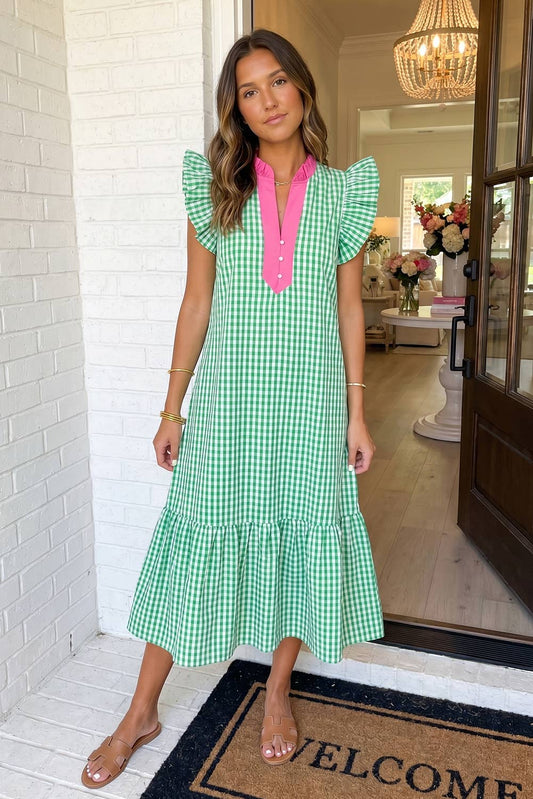 Green/Pink Gingham Tiered Dress