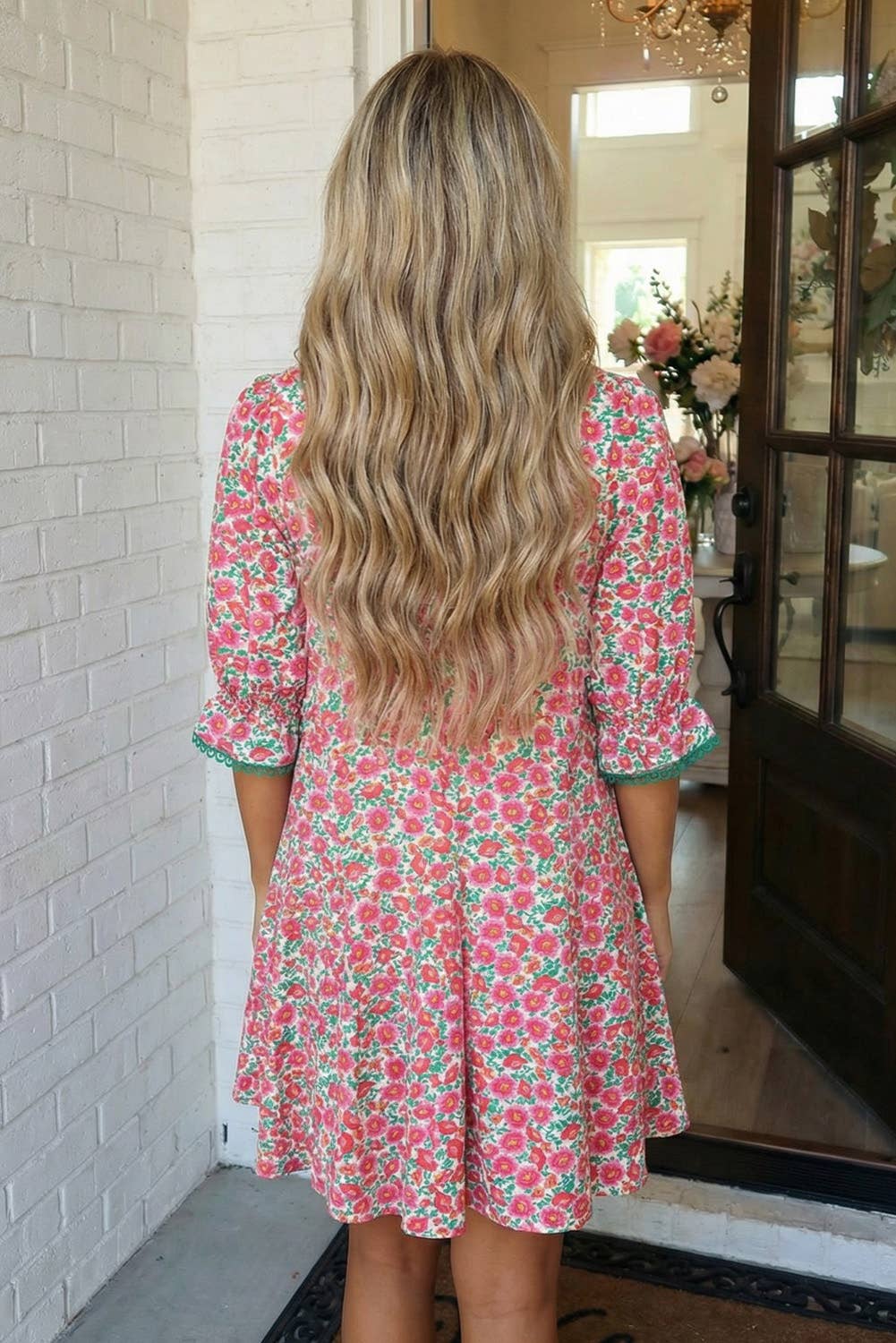 Floral Print Patchwork Bubble Sleeve Mini Dress
