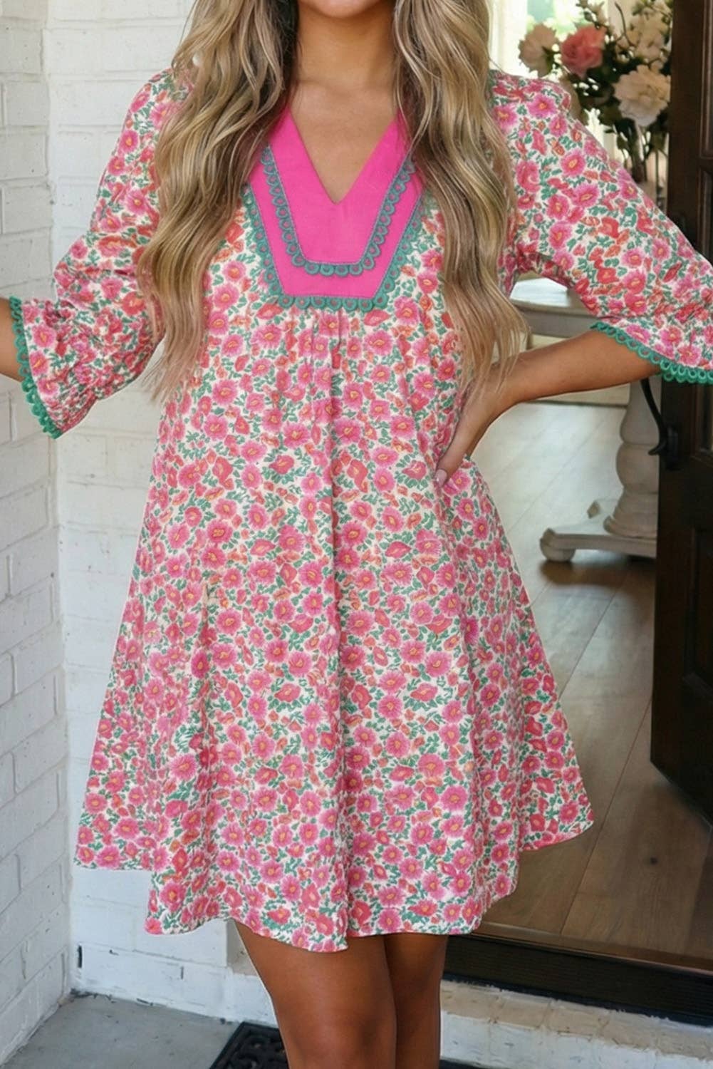 Floral Print Patchwork Bubble Sleeve Mini Dress