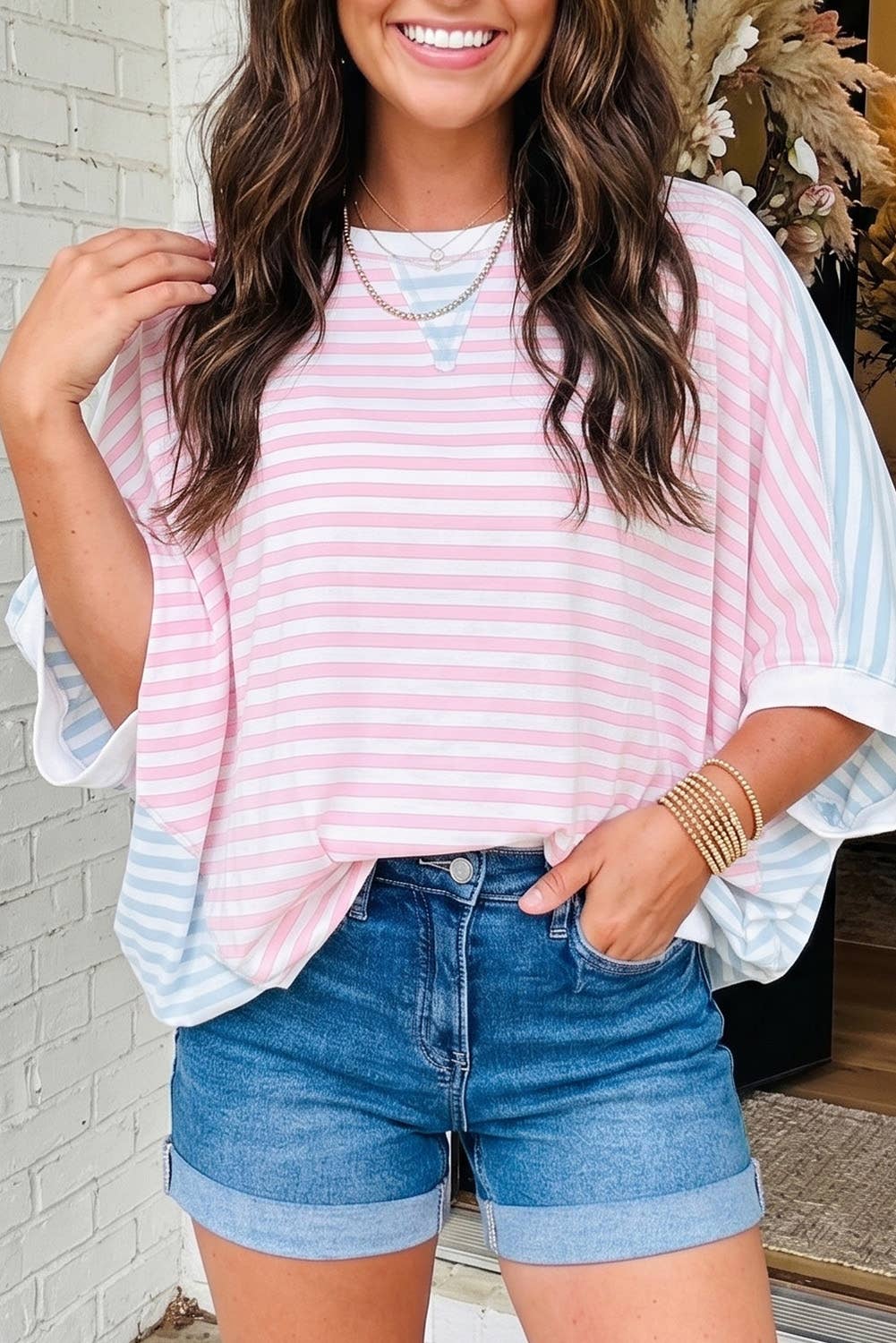 Striped Dolman Sleeve Patchwork Oversize T Shirt