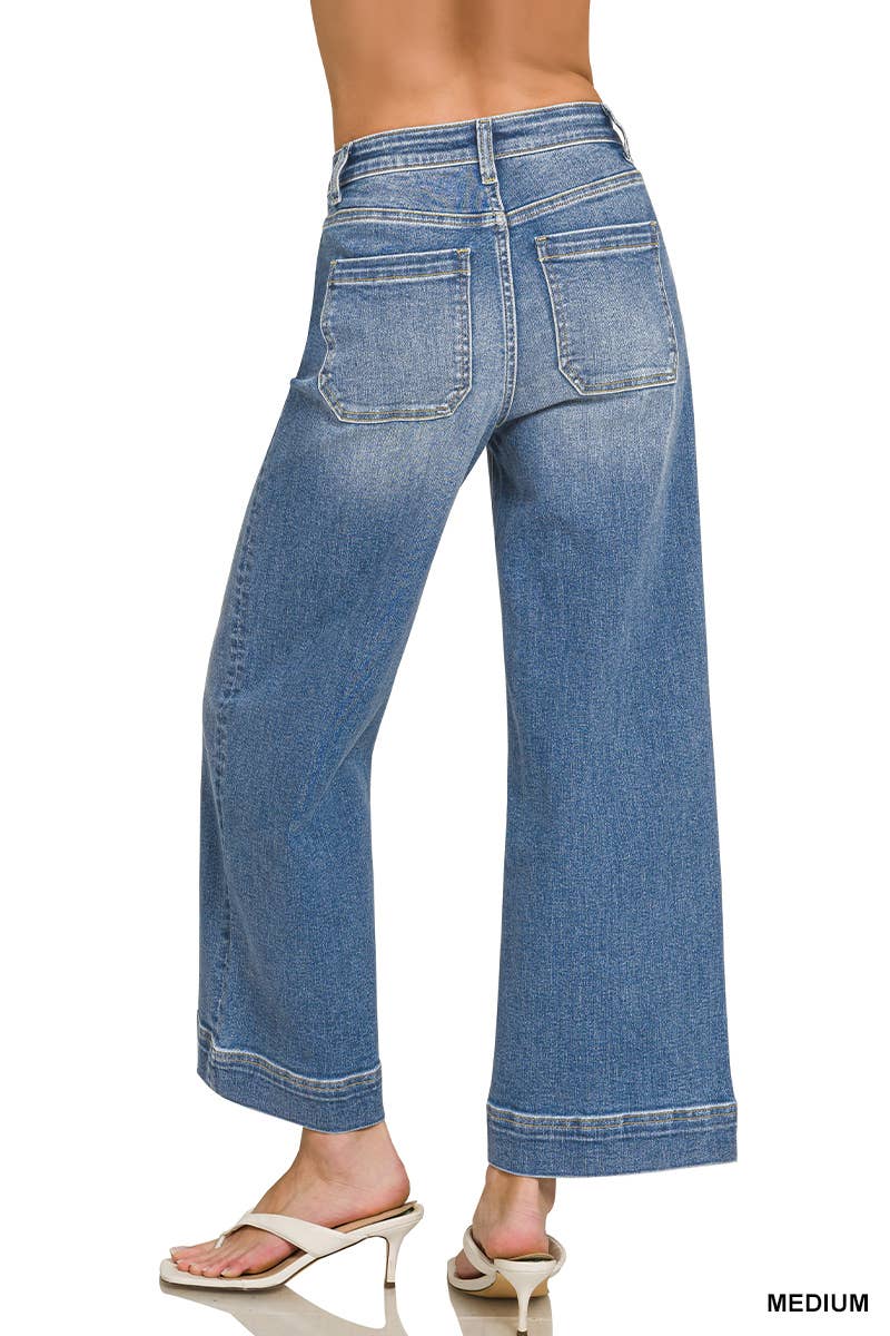 High Rise Wide Leg Pintuck Denim Pants Zenana