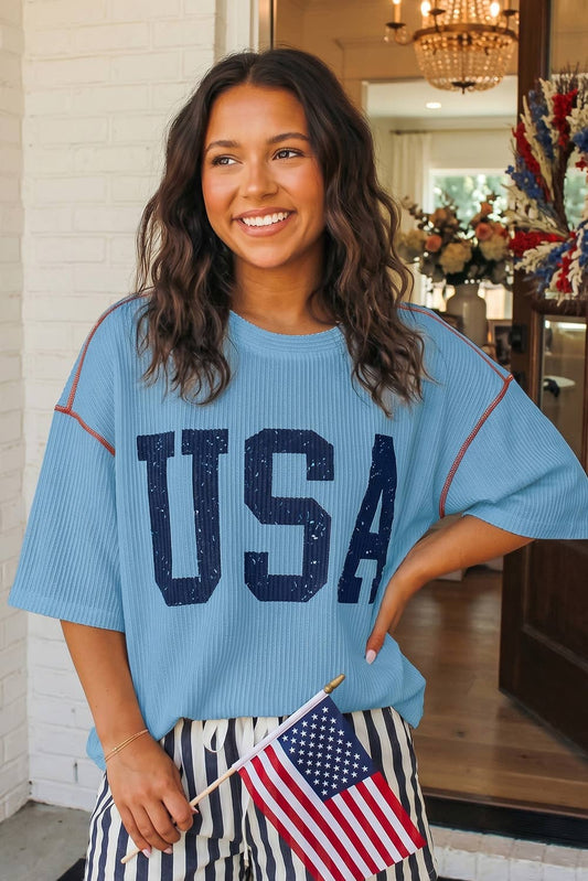 LAS USA Graphic Half Sleeve Loose Ribbed Top (S-XL)