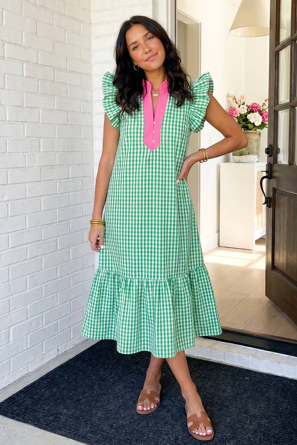Green/Pink Gingham Tiered Dress