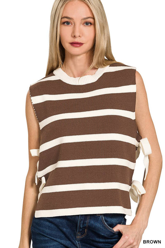 Brown Side Tie Stripe Sweater Vest