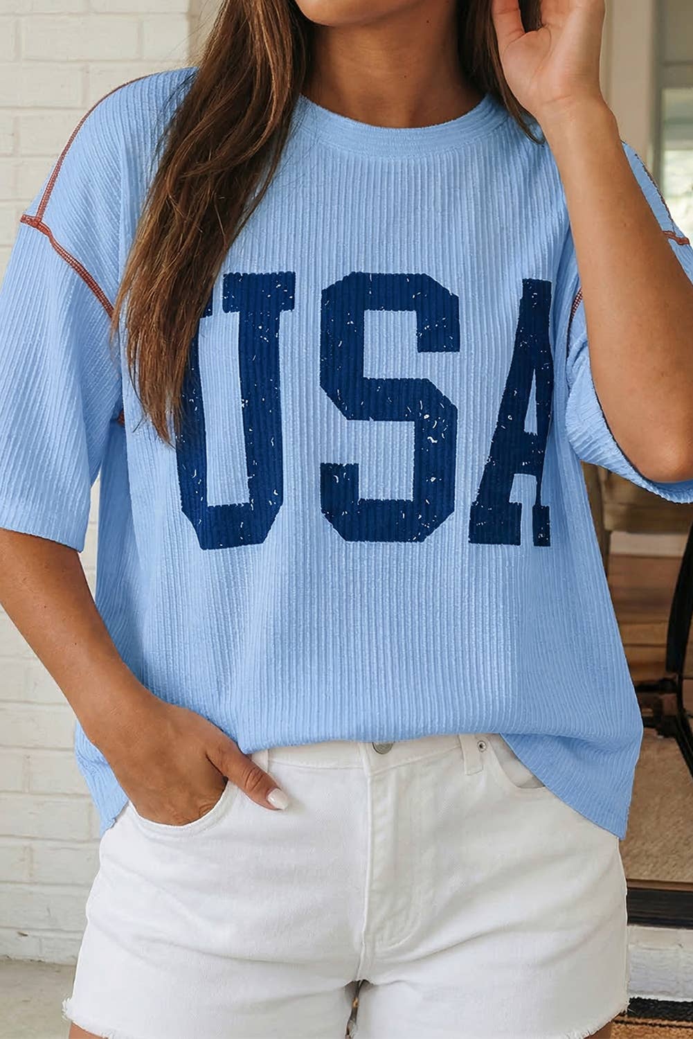 LAS USA Graphic Half Sleeve Loose Ribbed Top (S-XL)
