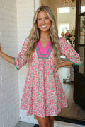 Floral Print Patchwork Bubble Sleeve Mini Dress