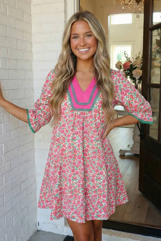 Floral Print Patchwork Bubble Sleeve Mini Dress