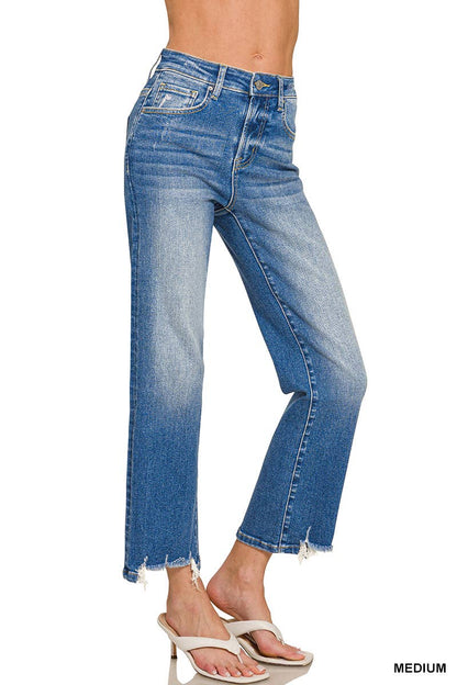 Distressed Hem Denim Pants- Zenana