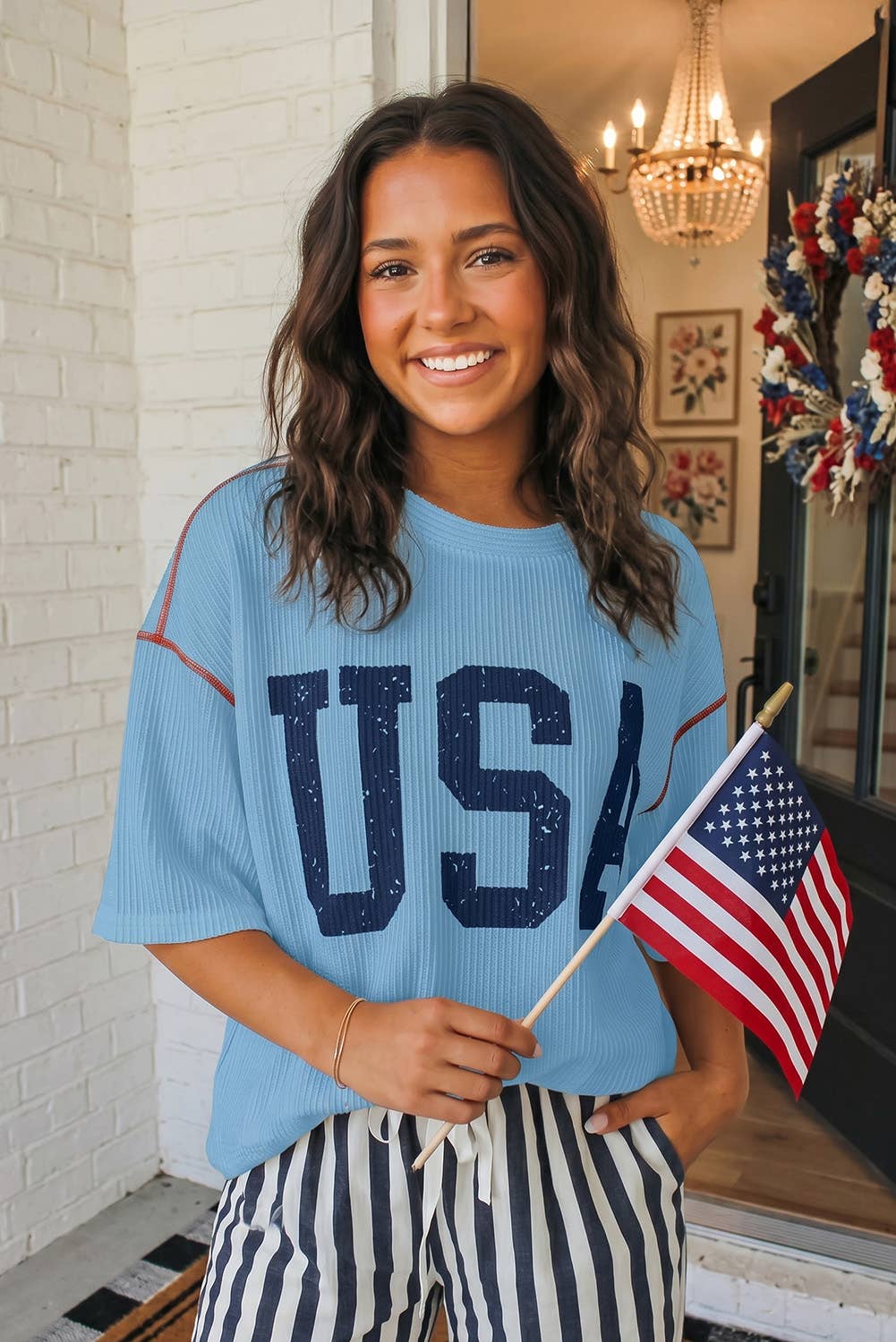 LAS USA Graphic Half Sleeve Loose Ribbed Top (S-XL)