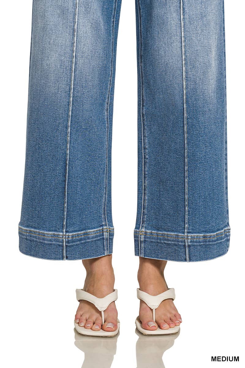 High Rise Wide Leg Pintuck Denim Pants Zenana